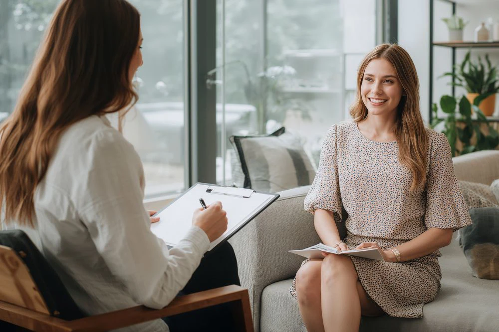 Femme recevant des conseils personnalisés et un accompagnement professionnel en centre spécialisé